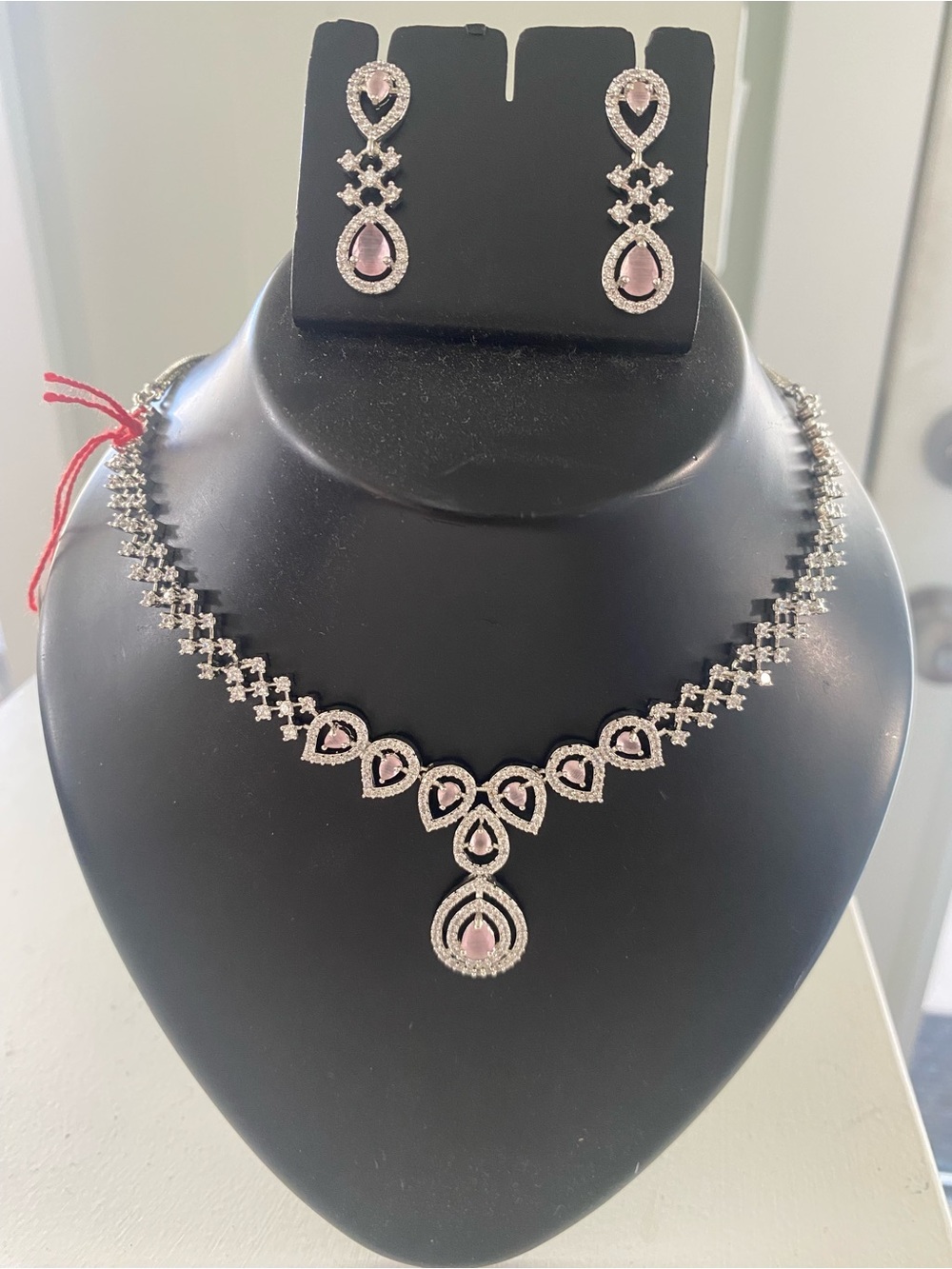 Elegant Pink Teardrop Crystal Necklace & Earring Set